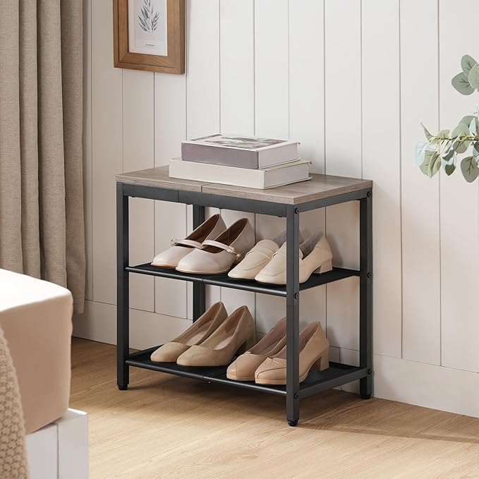 HOOBRO Shoe Bench, 3-Tier Shoe Rack, Industrial Shoe Organizer Storage Bench, 19.7 inches Entry Bench with Mesh Shelves, for Entryway, Living Room, Hallway, Easy Assembly, Greige BG50HX01