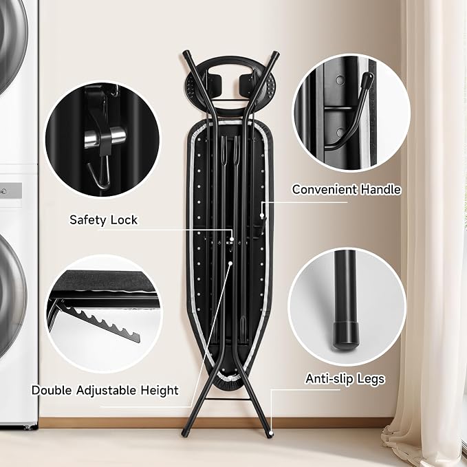 Duwee 12"x38" Ironing Board Full Size with Heat Resistant Cover,Black | 10mm Thicken Double Layers Feltpad and Foam, Folding Compact Iron Board, Heavy Sturdy Legs, Easy to Storage