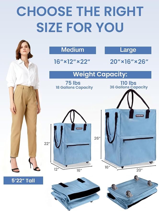 WORKPRO Medium Rolling Grocery Bag, 18-Gallon Shopping Tote with 4 Wheels | Reusable Grocery Bag on Wheels, Holds Up to 75 lbs, Heavy Duty Rolling Tote for Laundry, Groceries, Moving & Dorm Storage