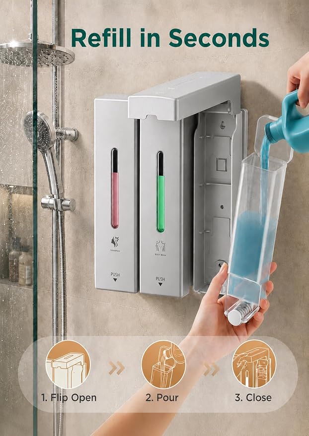 Shampoo and Conditioner Dispenser Wall Mounted, 3-Chamber Shower Soap Dispenser for Bathroom, 1200ML Large Capacity, No-Drill Installation, Clog-Free Pump for Thick Liquids (silver-3-pack)