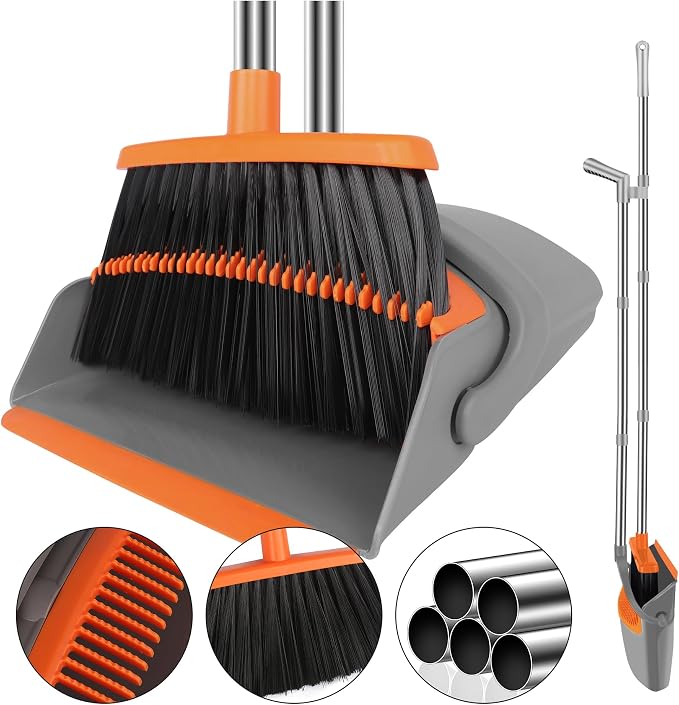 Broom with Dustpan Set & Mini Hand Brush Set, 51" Long Handle Upright Cleaning Combo with Self-Cleaning Teeth for Home Kitchen Pet Hair