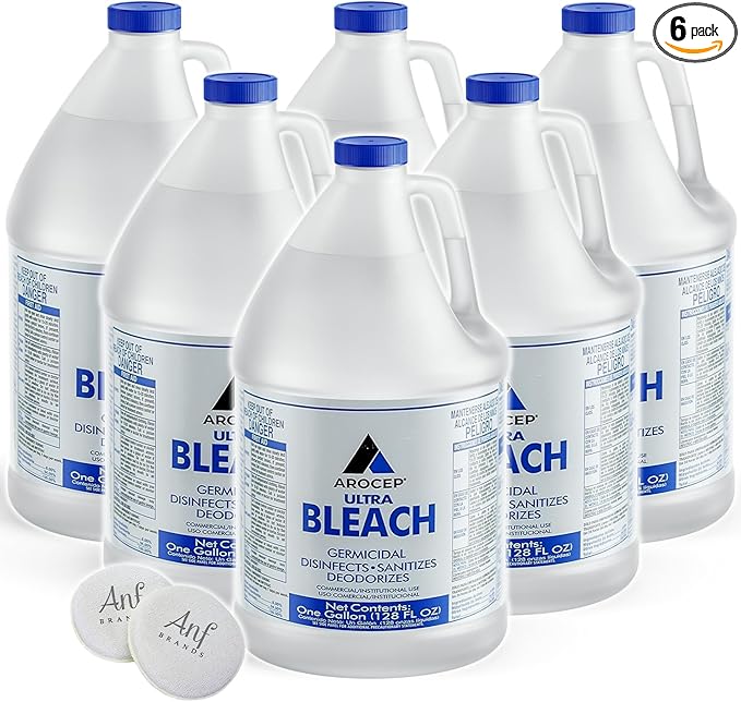 (6 Gallons) Ultra Germicidal Liquid Bleach - For Laundry, Disinfecting, Sanitizing, Deodorizing, Mold & Mildew Stain Remover - 1 Gallon Jugs