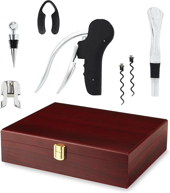 True Wine Tools Set with Cherry Stained Wooden Gift Box, Includes Lever Corkscrew, Foil Cutter, Aerator Pourer, 2 Worms, Chrome Bottle and Champagne Stopper, Home Bar Accessories, 7 Piece
