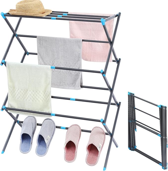 APEXCHASER Oversize Clothes Drying Rack, 3-Tier Drying Rack Clothing, Expandable Metal Laundry Drying Rack, Air Drying Rack, No Install, 24lb Capacity, 14.9" D x 29.3" W x 39.3" H, Graphite