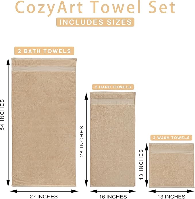 COZYART Luxury Bath Towel Set 6 Pcs, Beige 100% Turkish Cotton 650 GSM | OEKO-Tex 100 Certified Zero Twist Ring Spun, Soft Absorbent Quick Dry, Plush Fluffy, Breathable Hotel Quality for Daily Use