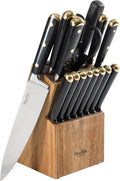 Martha Stewart 16-Piece Lockton High Carbon Stainless Steel Knife Block Set - Forged Full Tang Chef Knives, Acacia Wood Block, Triple Riveted Handles, Black & Gold