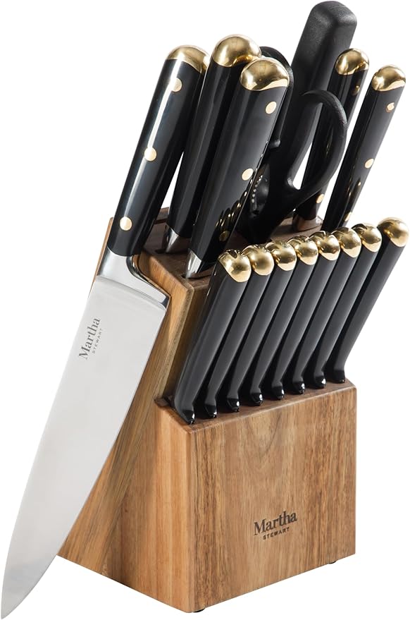 Martha Stewart 16-Piece Lockton High Carbon Stainless Steel Knife Block Set - Forged Full Tang Chef Knives, Acacia Wood Block, Triple Riveted Handles, Black & Gold