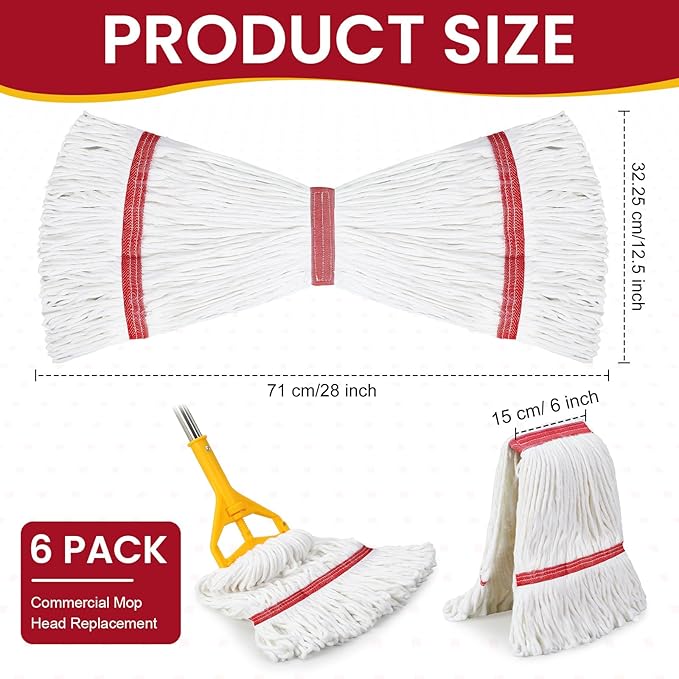 Eccliy 6 Pack Commercial Mop Heads Replacement Heavy Duty 18 oz Loop End Cotton String Wet Mop Refills Washable Absorbent Reusable for Industrial Home Tile Wood Concrete Floor (White,Red)