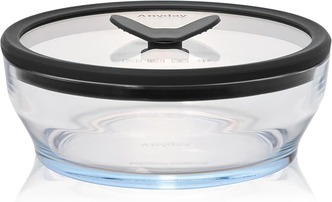 Anyday 4-Cup Glass Microwave Steamer & Food Storage (Clear Black Sesame) | Glass Lids, Round Shallow Dish, Plastic-Free Meal Prep, Microwave Cookware, Stackable Airtight Container