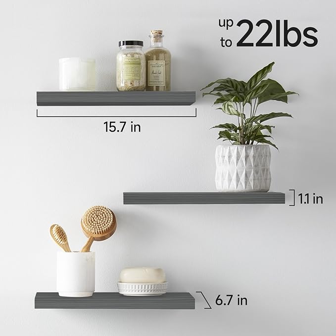 BAYKA Grey Floating Shelves for Wall, Set of 3, Wall Mounted Rustic Wood Shelves for Bathroom, Bedroom, Living Room, Kitchen, Small Hanging Shelf for Books/Storage/Room Decor, 15.7in