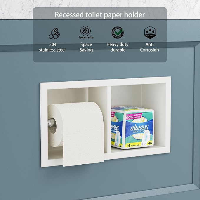 Neodrain Dual Roll Recessed Toilet Paper Holder - 304 Stainless Steel, Hidden in-Wall Design, Simple Loading and Unloading, Space-Saving for Modern Bathrooms（White