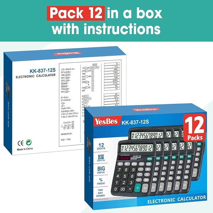 12 Pack Calculator Bulk, 12 Digits Calculators Desktop with Large LCD Display and Sensitive Butto, Solar and Battery Dual Power, Desk Calculator for Office, School, Home