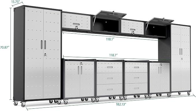 10-Piece Heavy Duty Steel Garage Cabinet System | All-in-One Modular Garage Cabinet Set for Ultimate Workshop Organization | Easy Assembly Garage Storage Cabinets & Tool Bench