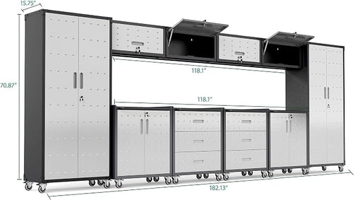 10-Piece Heavy Duty Steel Garage Cabinet System | All-in-One Modular Garage Cabinet Set for Ultimate Workshop Organization | Easy Assembly Garage Storage Cabinets & Tool Bench