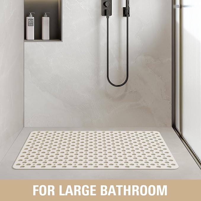 OTHWAY Large Shower Mat, 35"x 24" TPE Anti Slip Shower Mat, Heavy Bath Mats for Shower with Drain Holes Suction Cups, Shower Stall Mat for Bathroom, No Odor Shower Grip Mat for Elderly (W-White)