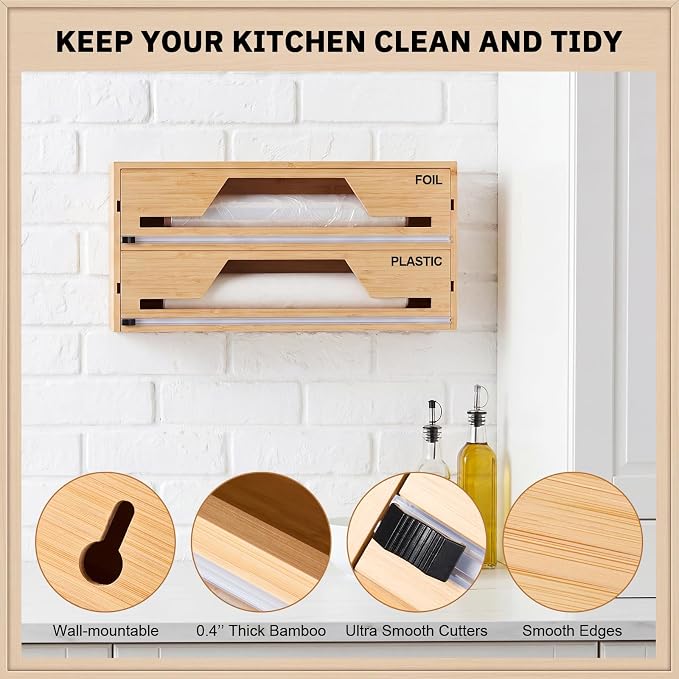 Wesiti 18 Inch Large Plastic Wrap Organizer & Dispenser with Cutter 2 in 1 Aluminum Foil Wrap Butcher Parchment Paper Dispenser Bamboo Wall Mount Tin Wax Cling Organizer for Kitchen Countertop