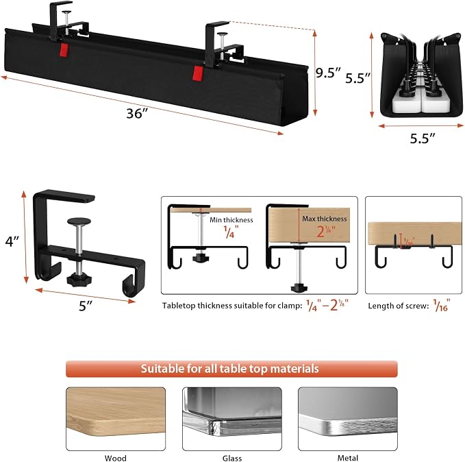 Univivi No Drill Under Desk Cable Management Tray, 36" Cord Organizer for Table, Clamp/Screw Mount Desk Cable Management, Premium Fabric Cable Management Tray for Office, Home
