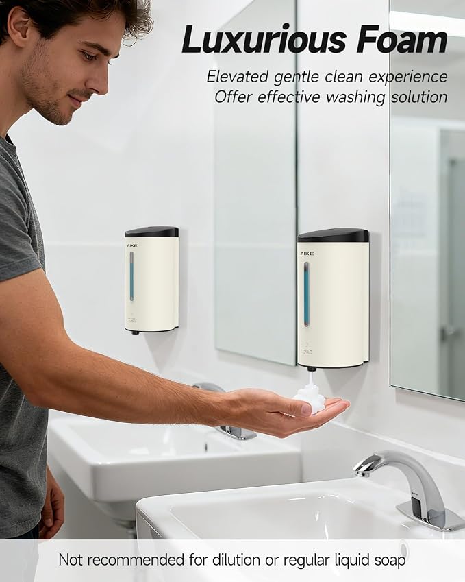 AIKE Automatic Foaming Soap Dispenser 25oz for Bathroom,Mattewhite AK1205FA | Rich Foam and Stainless Steel,No-drill and Screw Wall Mount,5-Level Adjustable and Key for Commercial(Batteries Not Included)