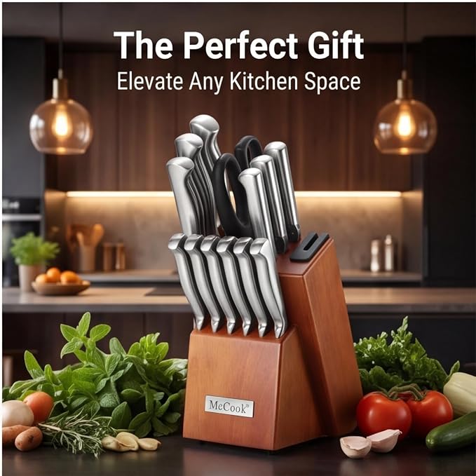 McCook Kitchen Knife Set 15PC Knife Block Set w Built-in Sharpener | German Forged Stainless Steel,Razor Sharp,15 PC, Anti-Rust,Restaurant Grade,Ergonomic Handles,Full Tang,Gift Box