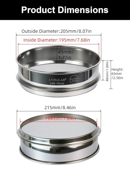 All 304 Stainless Steel 600 Mesh Test Sieve (0.025mm Aperture), 8 Inch/20cm Diameter, Ultra Fine Micron Filter for Laboratory Research & High Precision Filtering