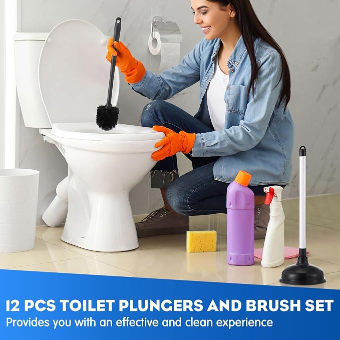 Sawysine 12 Pcs Commercial Toilet Plunger and Brush Set 6 Pack 18" Rubber Plunger with Double Thrust Force Suction Cup Handle and 6 Pack 16.54" Toilet Bowl Brush Bulk for Store Restaurant (Plastic)