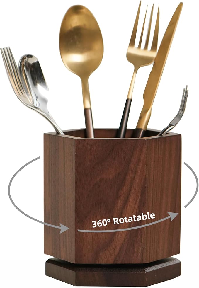 Solid Black Walnut Wood Utensil Holder,Rotating Pen Holder for Desk