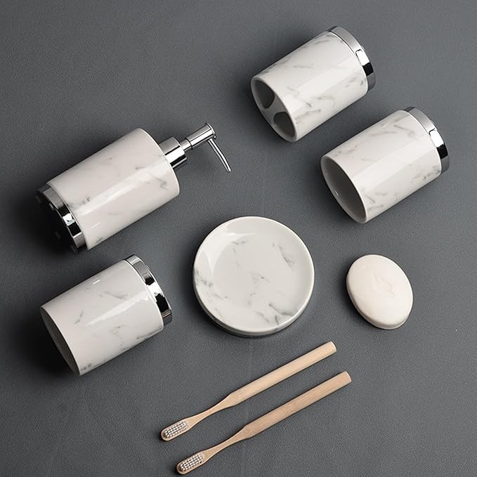 Soap Dispenser Set White, Set of 5 Bathroom Accessories, with 2 Toothbrush Cups, Soap Dish, Toothbrush Cup, Ceramic Soap Dispenser, for Bathrooms, Apartments, Dormitories,White d