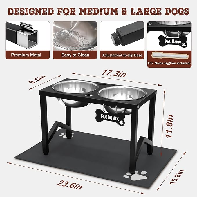 Elevated Dog Bowls, Metal Raised Dog Bowl Stand with 2 Thick 58oz Stainless Steel Food Bowls & Non-Slip Mat - 11.8" Tall for Medium/Large Breeds