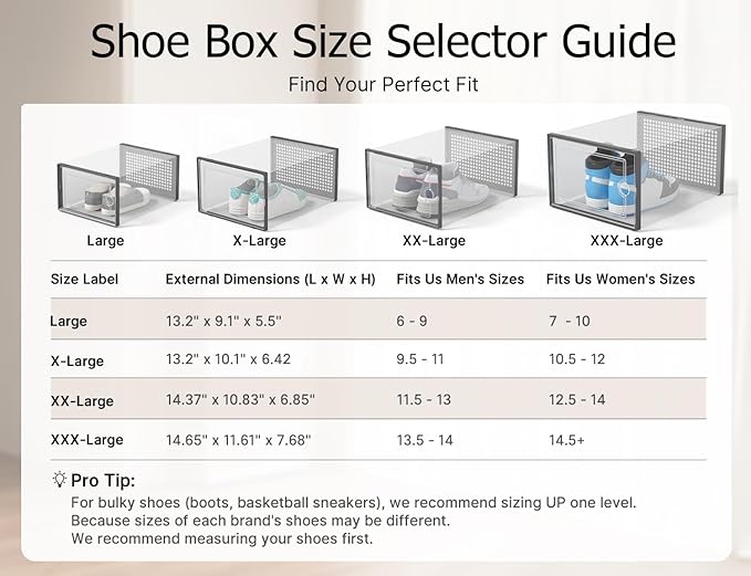 Kuject XXX-Large Shoe Storage Boxes Organizers Clear Plastic Stackable 12 Pack, Shoe Rack & Holder Substitute, Sneaker Containers, Toy Storage Organizer Bins for,Closet, Under Bed, Black(No Fold Line)