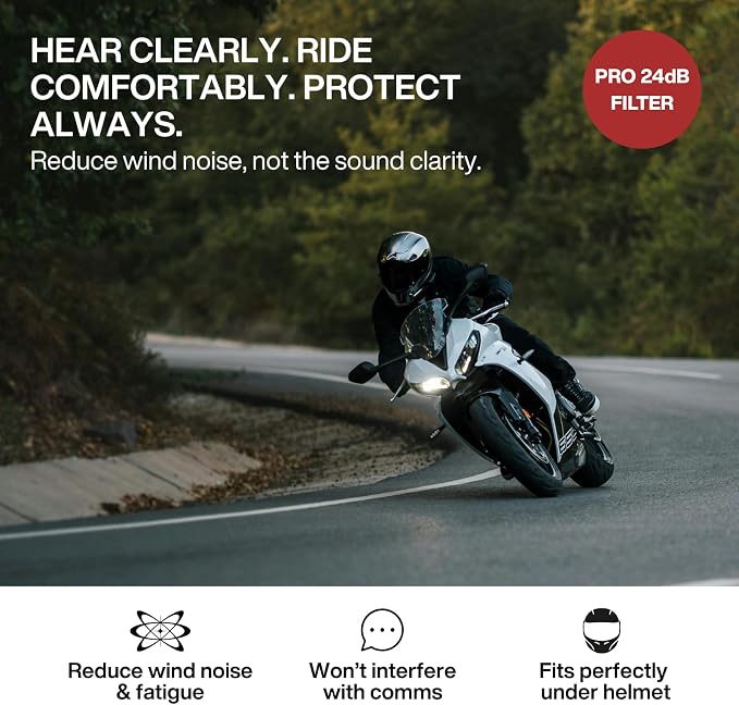 EARPEACE Moto PRO - Motorcycle Ear Plugs - Reusable Earplugs for Wind Noise Protection with High Fidelity Filter - Noise Canceling up to 24dB - Motorcycle Accessories - Includes Filter Set and Case