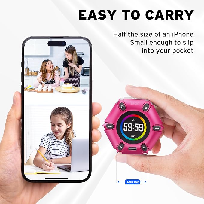 Printers Jack Visual Pomodoro Timer, Productivity Cube Timer, Mute & Vibration & Adjustable Sound Alert, for Office, ADHD, Study, Work, 3/5/10/25/30/60min & Custom Countdown - Hot Pink