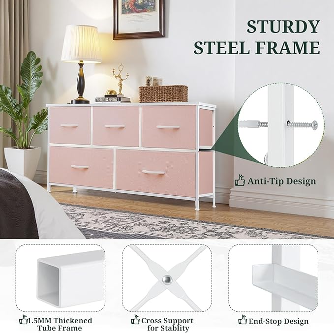 5-Drawer Dresser for Bedroom, Anti-Tip Wide Storage Organizer Fabric Chest of Drawers TV Stand for 45" TV with Wooden Top and Metal Frame for Closet, Living Room, Hallway, Entryway, Pink
