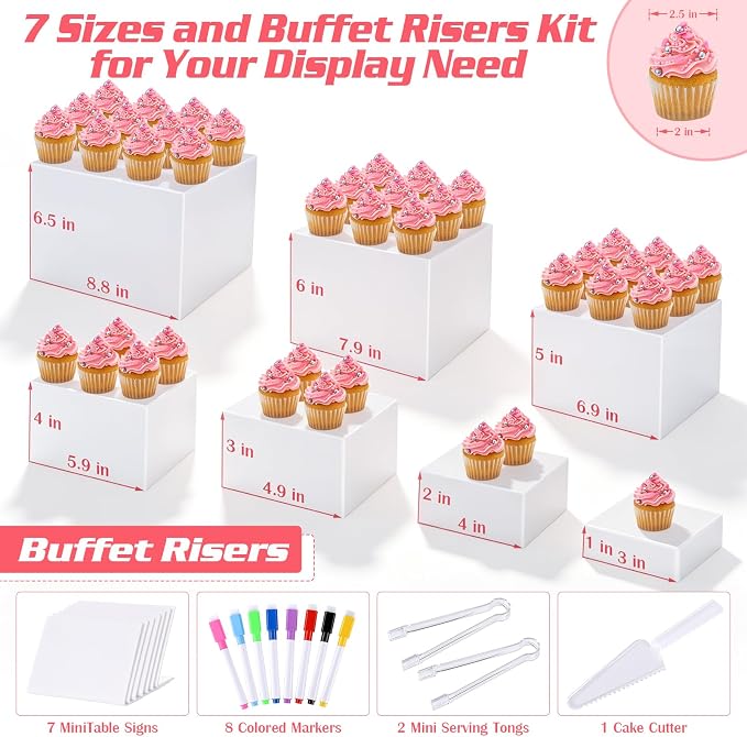 [7 Pcs] White Buffet Risers Food Risers - Dessert Table Display Set and Food Cake Stands with Table Sign and Maker,Serving Tongs,Cake Cutter for Wedding Birthday Party Decoration(Size 9" 8" 7" 6" 5" 4" 3")