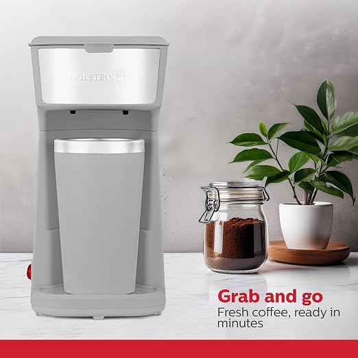 Holstein Housewares Personal Coffee Maker with 14oz Travel Mug – Compact One-Touch Brew Machine with Reusable Filter, Auto Shut-Off, Non-Stick Plate, Ideal for Home, Office, or Dorm. Grey