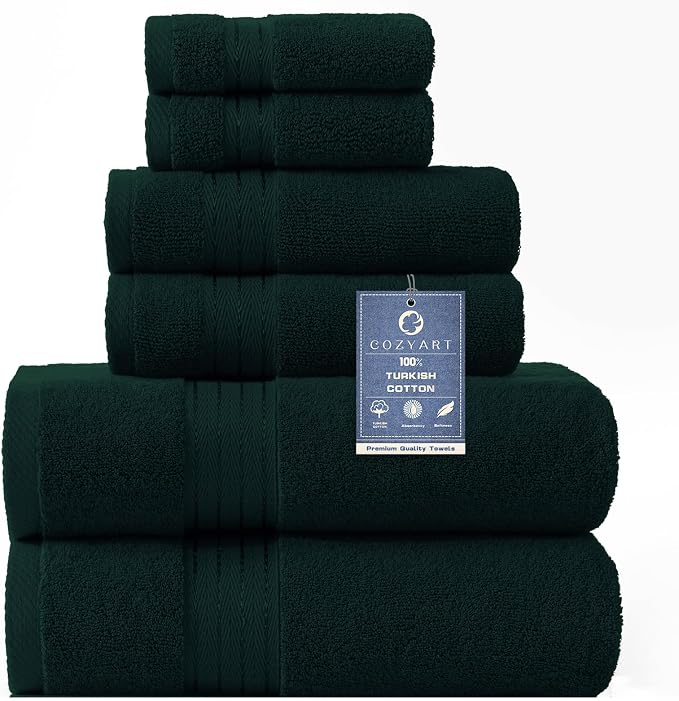 COZYART Luxury Bath Towel Set 6 Pcs, Deep Forest Green 100% Turkish Cotton | OEKO-Tex 100 Certified Zero Twist Ring Spun, 650GMS, Soft Absorbent Quick Dry, Plush, Breathable Hotel Quality for Daily Use