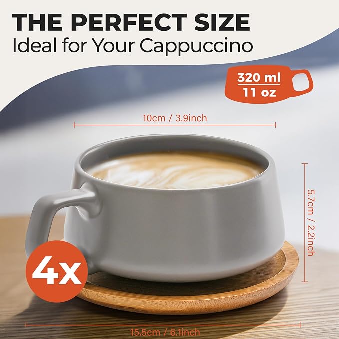 MIAMIO - Cappuccino Cup Set of 4, Ceramic (9.5oz) - Luxe (Classic Pastel) | Ceramic cappuccino cups and saucers, wide latte cups and mugs for Americano, 4-piece set of ceramic cups, dishwasher safe
