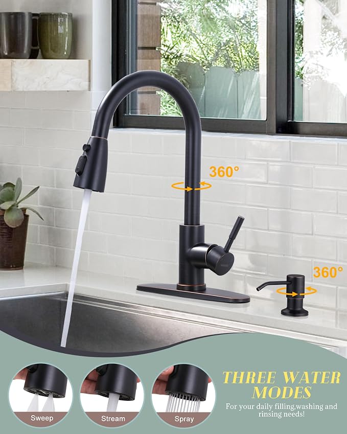 Oil-Rubbed Bronze Kitchen Faucet with Soap Dispenser, WOWOW Stainless Steel Kitchen Faucets for Sink, Pull Down Kitchen Faucet Single Handle High Arc Kitchen Sink Faucet with Deck-Plate