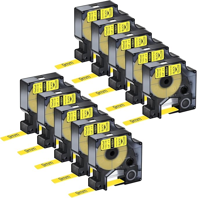NineLeaf 10 Pack Compatible for Dymo 18054 Black on Yellow Heat Shrink Tube Labels 9mm 3/8'' Industrial Label Tapes for Wires and Cables for Rhino 4200 5200 5000 6000 3M Label Maker
