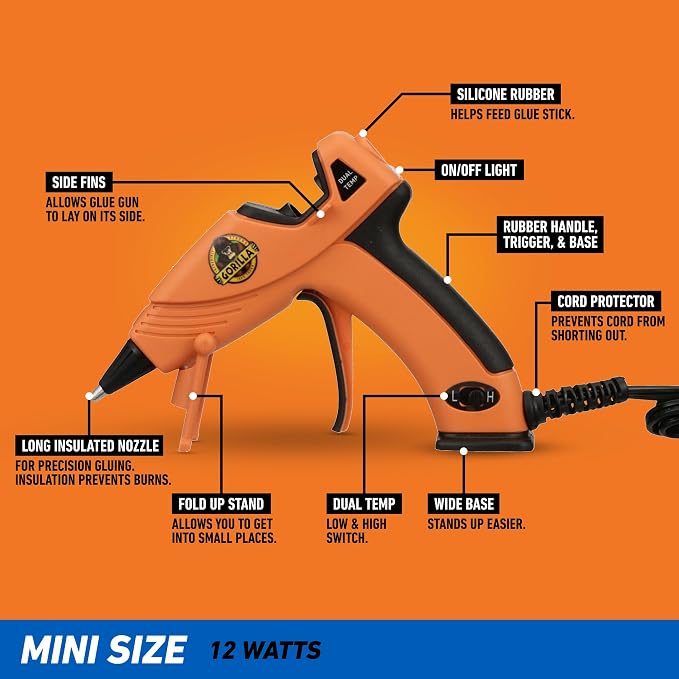 Gorilla Mini Hot Glue Gun Kit (Pack of 1 Mini Hot Glue Gun and 75 Sticks) - Dual Temp, Precision Nozzle, and Easy Squeeze Trigger