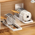 Mustorn 2 Pack Pots and Pans Organizer Under Cabinet, 21.6" Deep Pull Out Pot Lid Organizer Holder with Guardrail Adhesive Pot and Pan Holder Rack with 10 Adjustable Dividers(White)