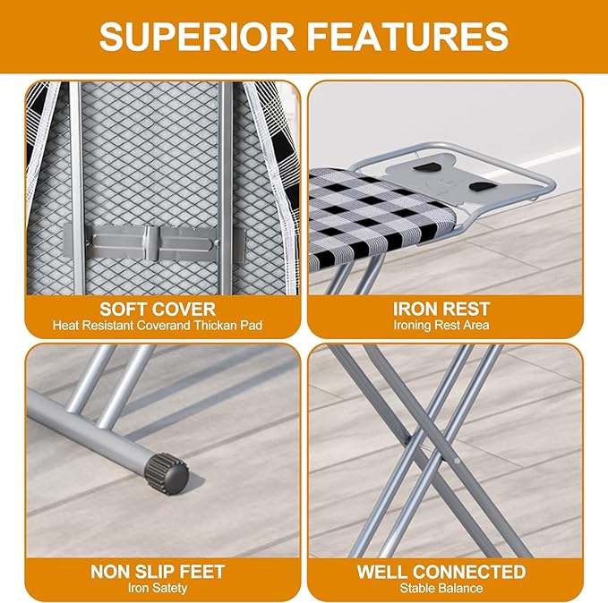 Jakeefud Ironing Board 13" X 43" W/Extra Thick Heavy Duty Padded Cover, Height Adjustable,Heat & Scorch Resistant Fabric, Anti-Skid Feet, Extra Wide, Easy to Fold Checkered Gray