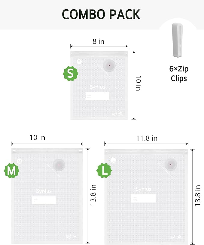 Syntus 60 Pcs Reusable Vacuum Sealer Bags for Food, S+M+L | 8x10+10x13.8+11.8x13.8, Upgraded Air Valve, Microwave Freezer Sous Vide, Food Storage, Leak-Proof, for Compact Vacuum Sealer