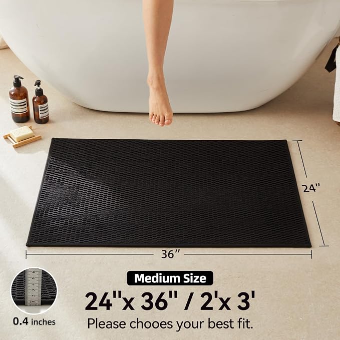 Triohero Bathroom Rugs Non Slip Washable, Super Absorbent Thin Bath Mat Quick Dry Low Pile Bathroom Rug, Black 24"x36"