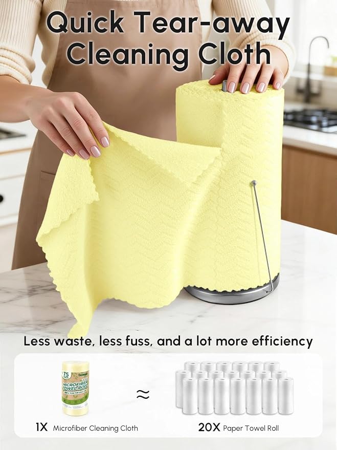 Microfiber Cleaning Cloths Roll, 75 Pack Tear Away Microfiber Towels Roll, 12" x 12" Lint Free Rags, Reusable Cleaning Cloths, Washable, Scratch Free,Ultra Absorbent Dish Rags(Yellow Ripple)