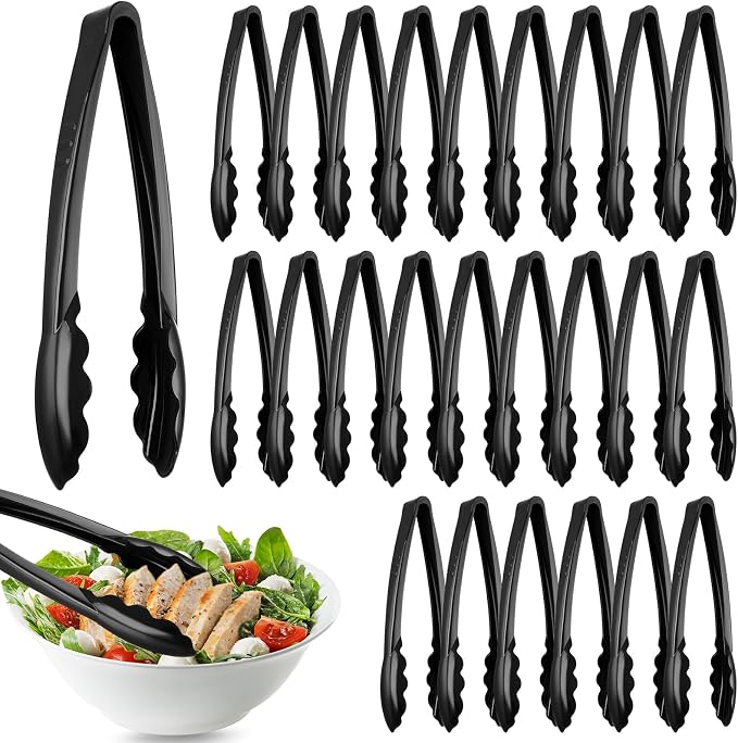 Tessco for you 25 Pcs Plastic Tongs for Serving Bulk, 9 Inch Plastic Disposable Serving Tongs, Heavy Duty Salad Tong for Kitchen, Buffet, BBQ, Events & Catering (Black)