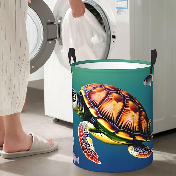 Sea Turtle With Fishes Large Foldable Laundry Basket Hamper,Storage Basket Bin With Handles,For Bathroom,College
