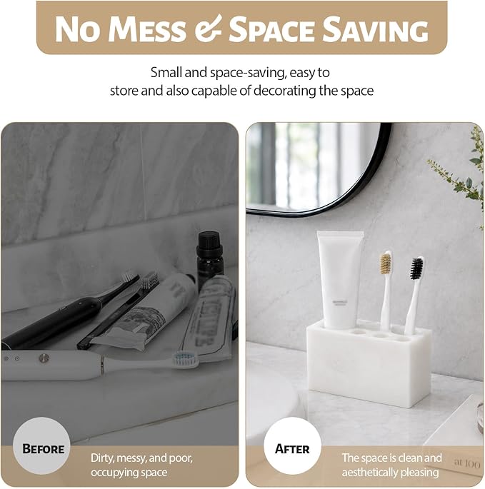 BCS Toothbrush Holder for Bathrooms, 6 Slots Open-Bottom Marble Toothbrush Organizer, Makeup Brush Stand Toothbrush Storage Collection for Bathroom Countertop Vanity Organization - Namib Bianco