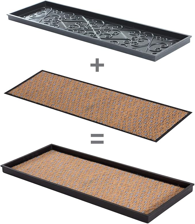 Anji Mountain Heavy Duty Waterproof Rubber Shoe Storage Mat Organizer/Boot Storage Tray Multi Use For Entryway with Coir, Tan and Blue Insert, Fits 2 Pair (24.5" Wide)