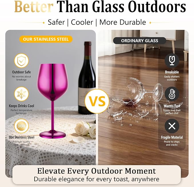 UNISWEET Unbreakable Stainless Steel Wine Glasses Set of 4, Purple | 17oz Unique Fancy Metal Wine Goblets, Shatterproof, Ideal for Outdoor, Camping, Travel, Pool, Great Gift for Wine Lovers