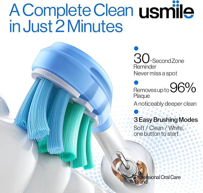 usmile P10S Sonic Electric Toothbrush – 3 Modes Deep Clean & Whitening, 180-Day Battery Life, Cushioned Gum-Care Brush Head for Sensitive Teeth, Smart Timer, 2 Brush Heads (White)